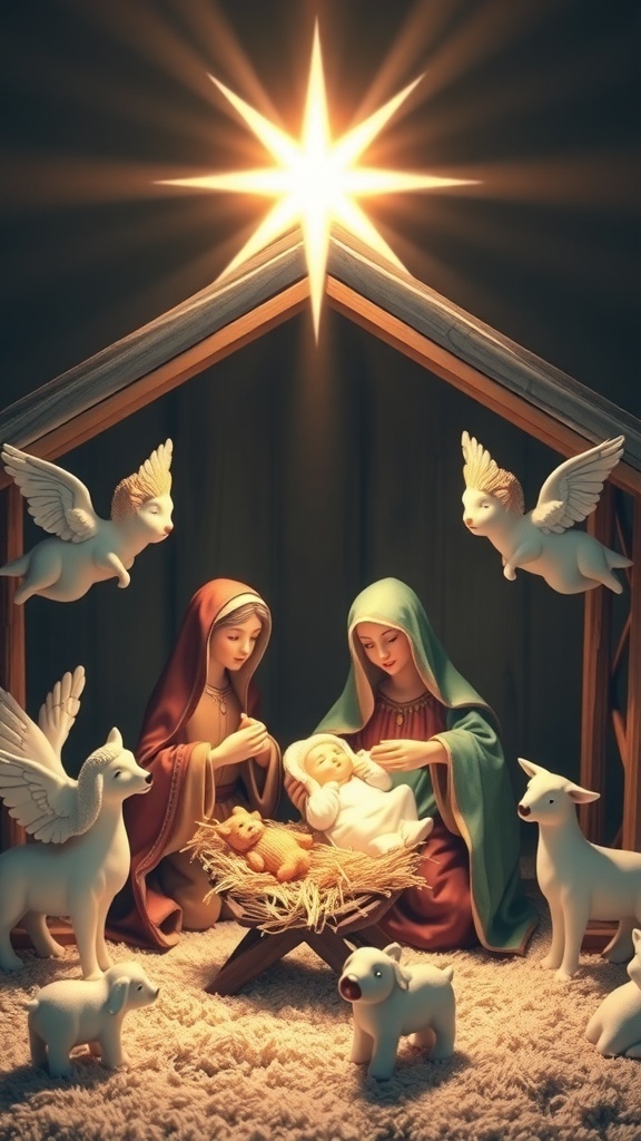 Nativity scene with Mary, Joseph, and baby Jesus, surrounded by angels and animals, illuminated by the Star of Bethlehem.
